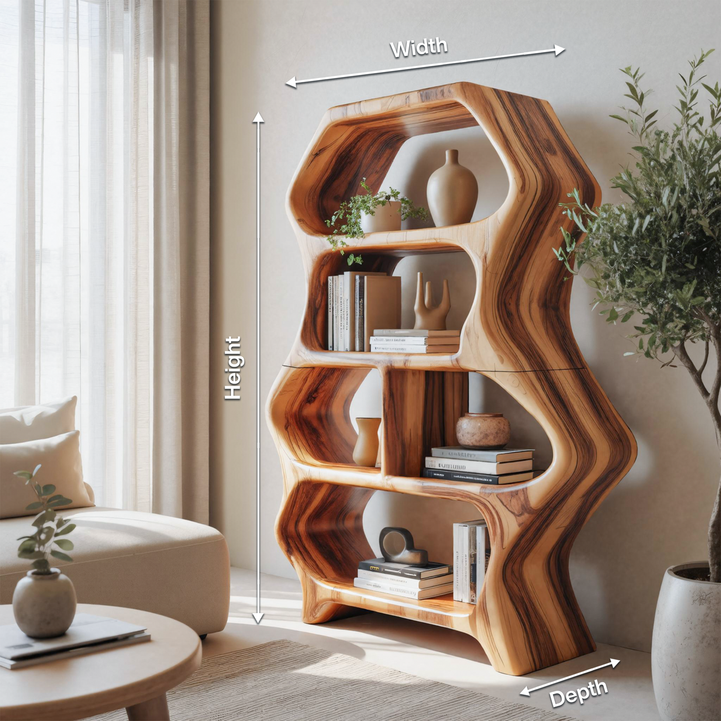 Sculptural Bookshelf With Organic Carved Display For Living Room And Office Kitchnce