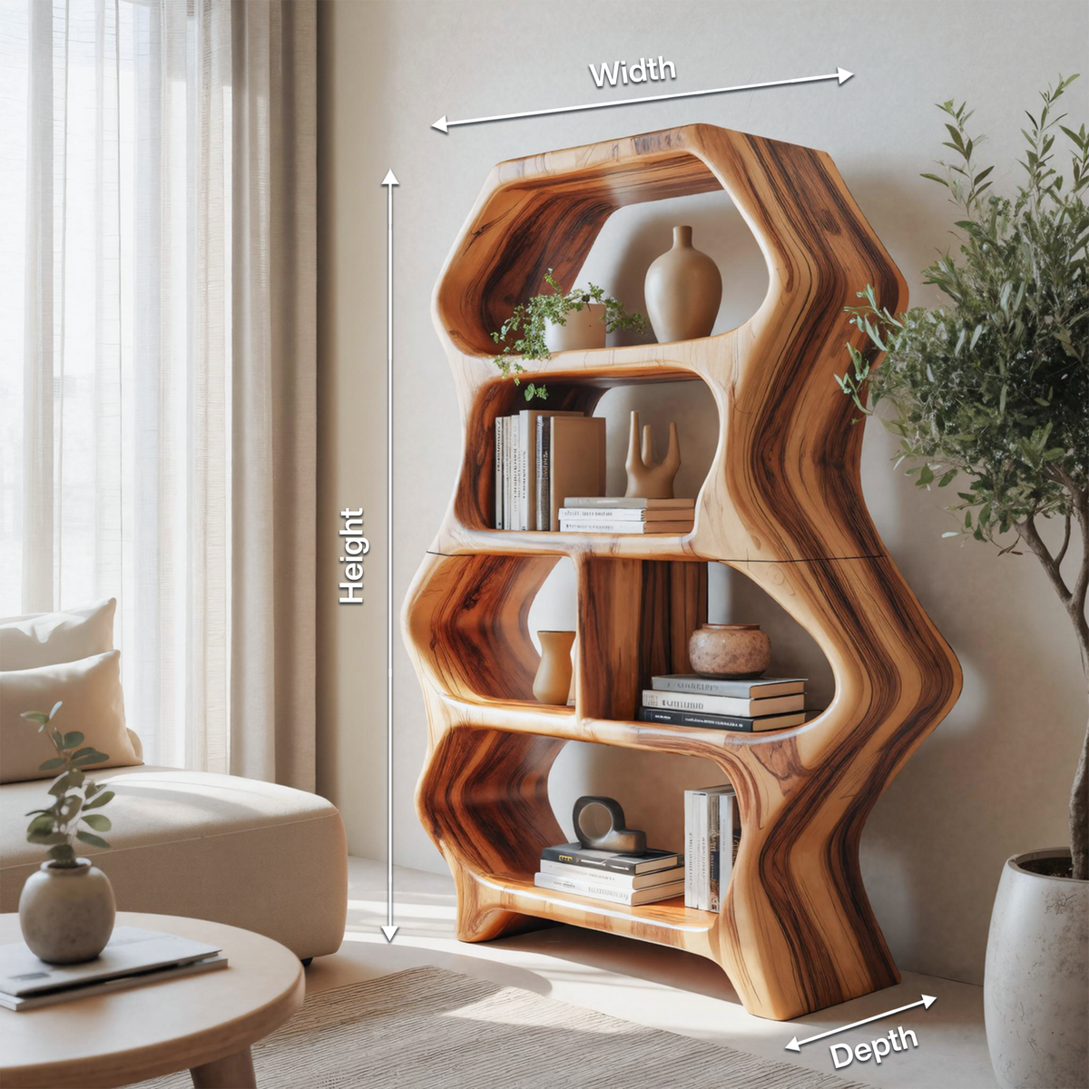 Sculptural Bookshelf With Organic Carved Display For Living Room And Office Kitchnce