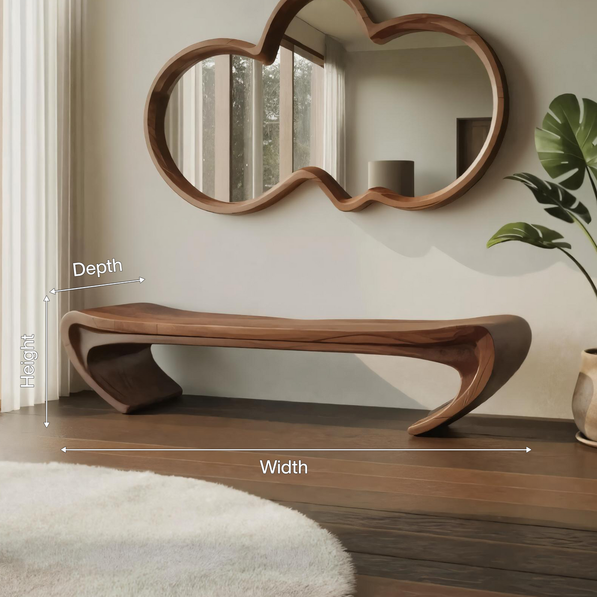 Modern Sculptural Wood Bench For Entryway Or Living Room Kitchnce