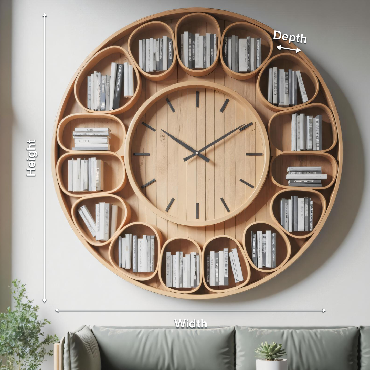 Contemporary Round Wall Bookshelf With Clock For Living Room And Home Office Kitchnce