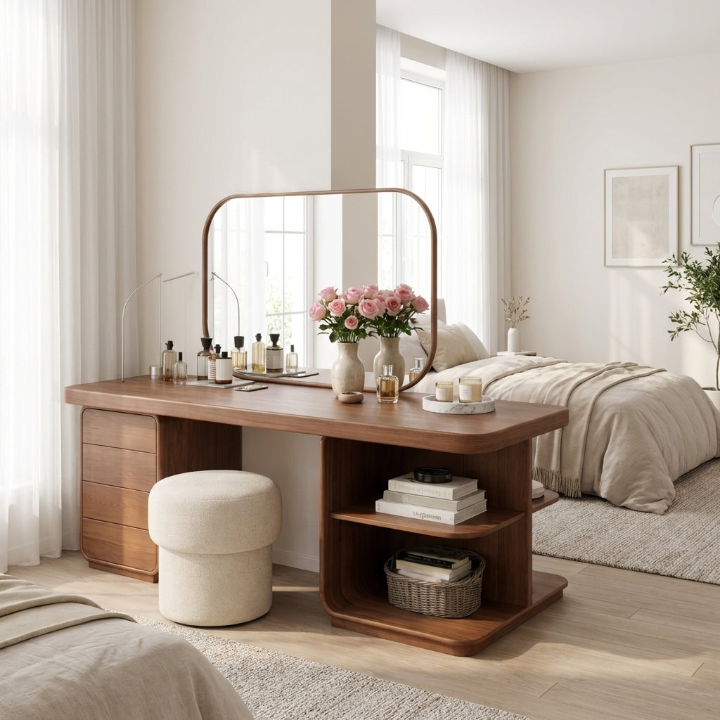 Solid Wood Makeup Vanity Desk with Side Open Shelves and Storage Drawers
