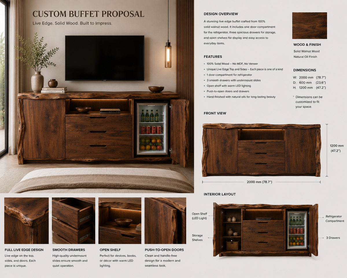 Zahara Solid Walnut Live Edge Buffet with Mini Fridge Compartment