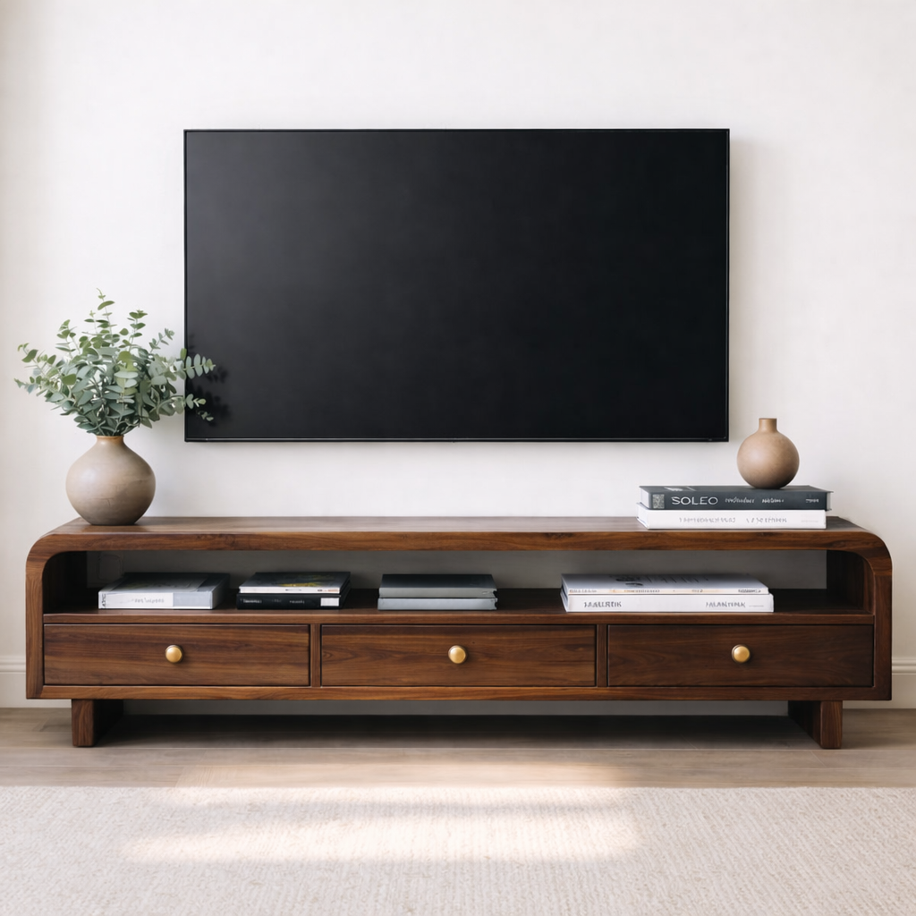 Mid Century Walnut TV Stand with Drawers – Solid Wood Media Console Cabinet