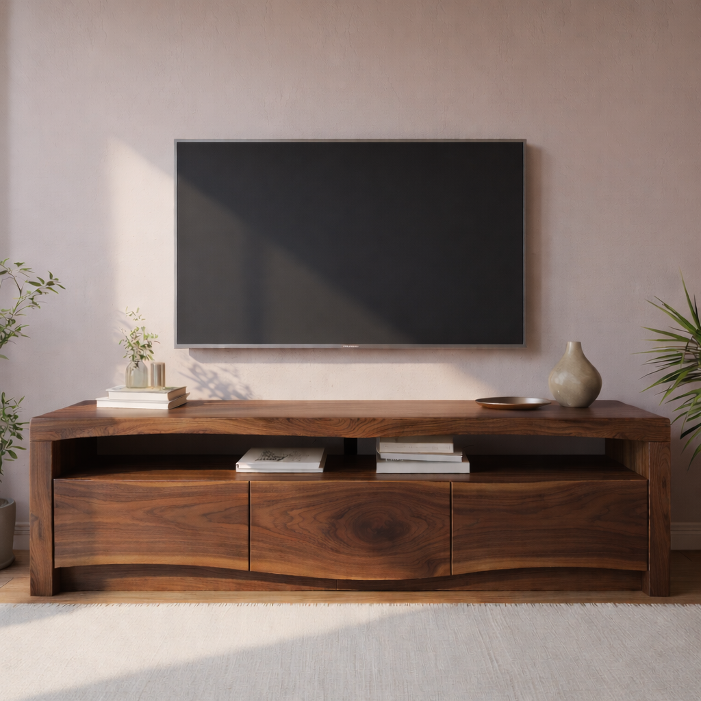 Modern Solid Wood TV Stand with Live Edge Top – Walnut Media Console Cabinet