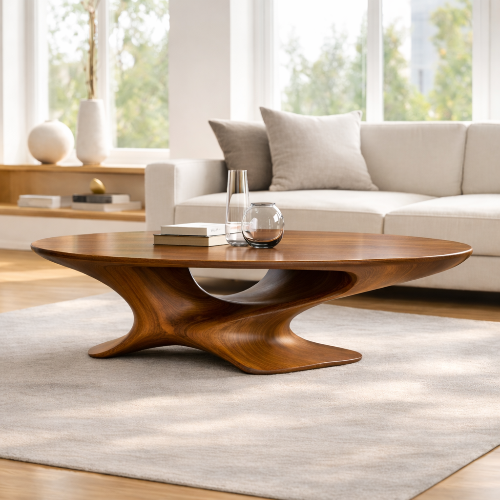 Modern Solid Wood Coffee Table with Sculptural Base and Round Wooden Living Room Table