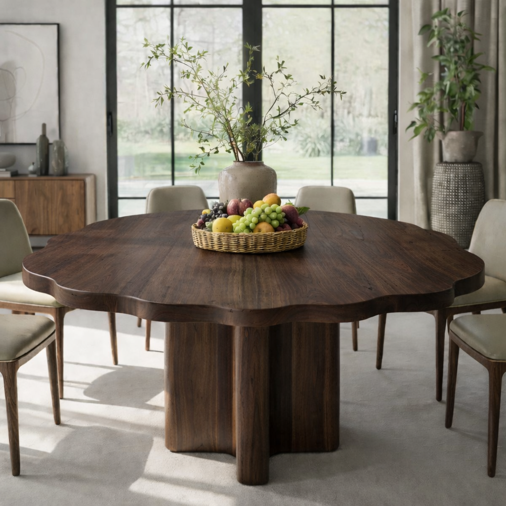 Round Solid Wood Dining Table with Sculptural Pedestal Base Modern Rustic Table