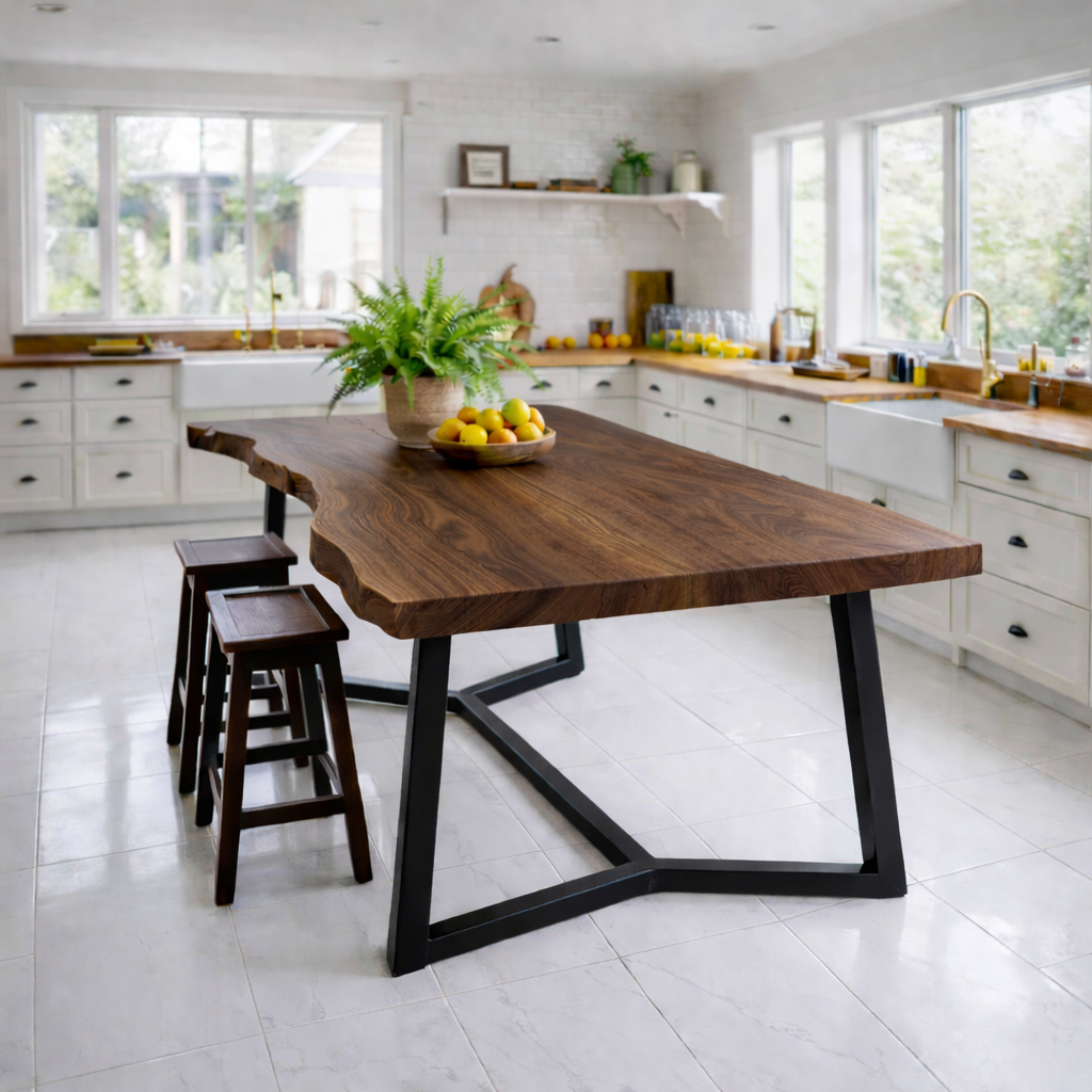 Live Edge Solid Wood Dining Table with Modern Black Metal Legs Rustic Kitchen Table