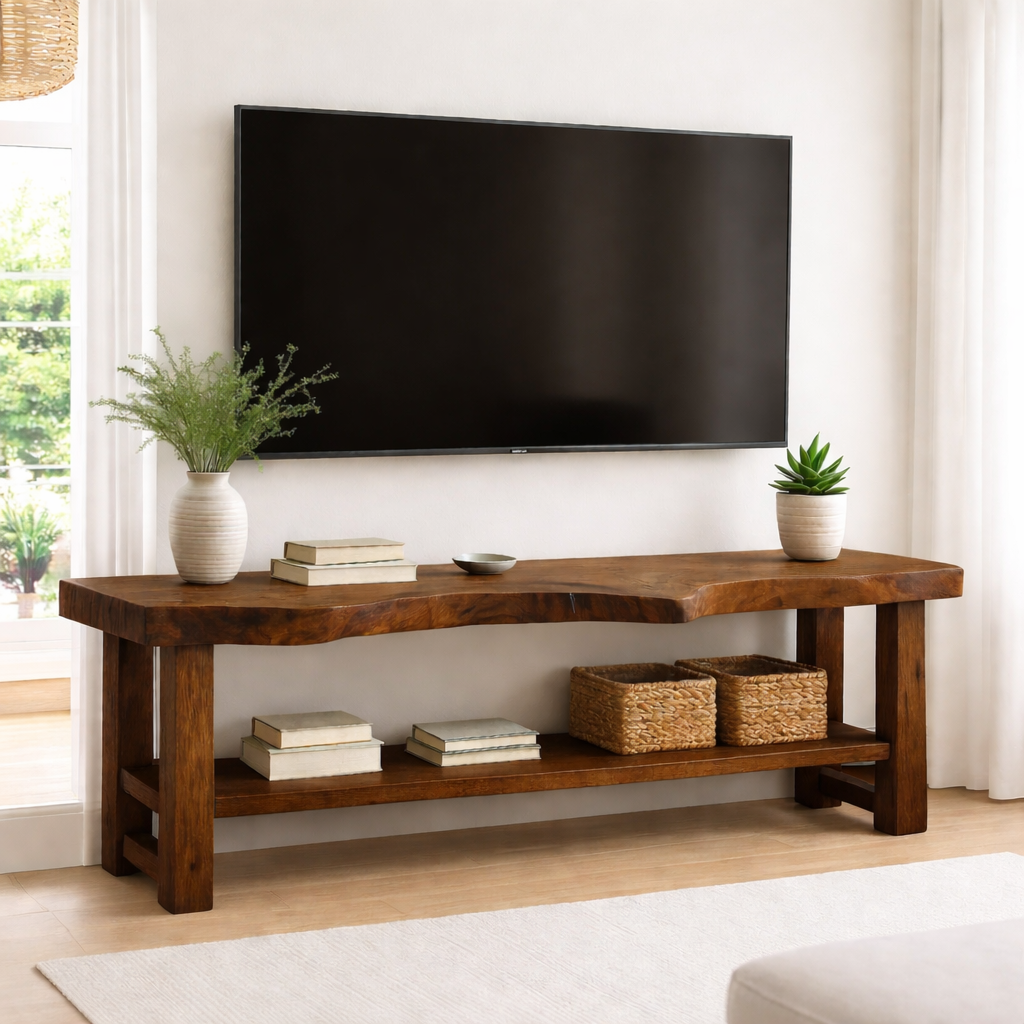 Live Edge Solid Wood TV Stand with Shelf – Rustic Walnut Media Console Table