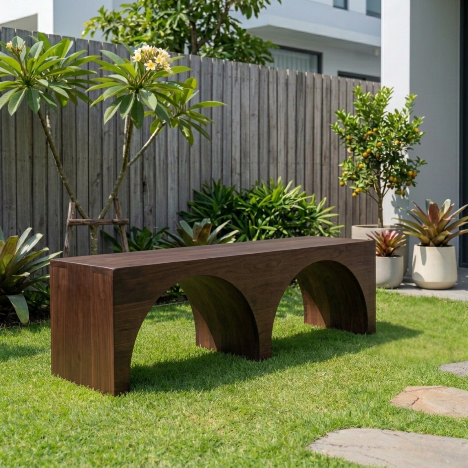 Solid Wood Outdoor Bench with Double Arch Base Minimalist Rectangular Design