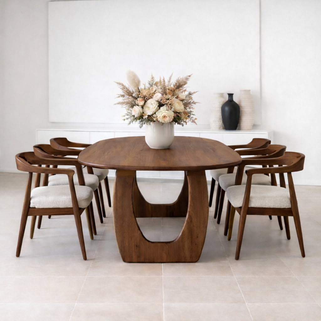 Solid Wood Oval Dining Table with U Shape Pedestal Base