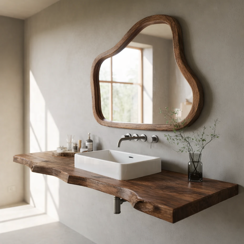 Live Edge Solid Walnut Floating Bathroom Vanity Shelf