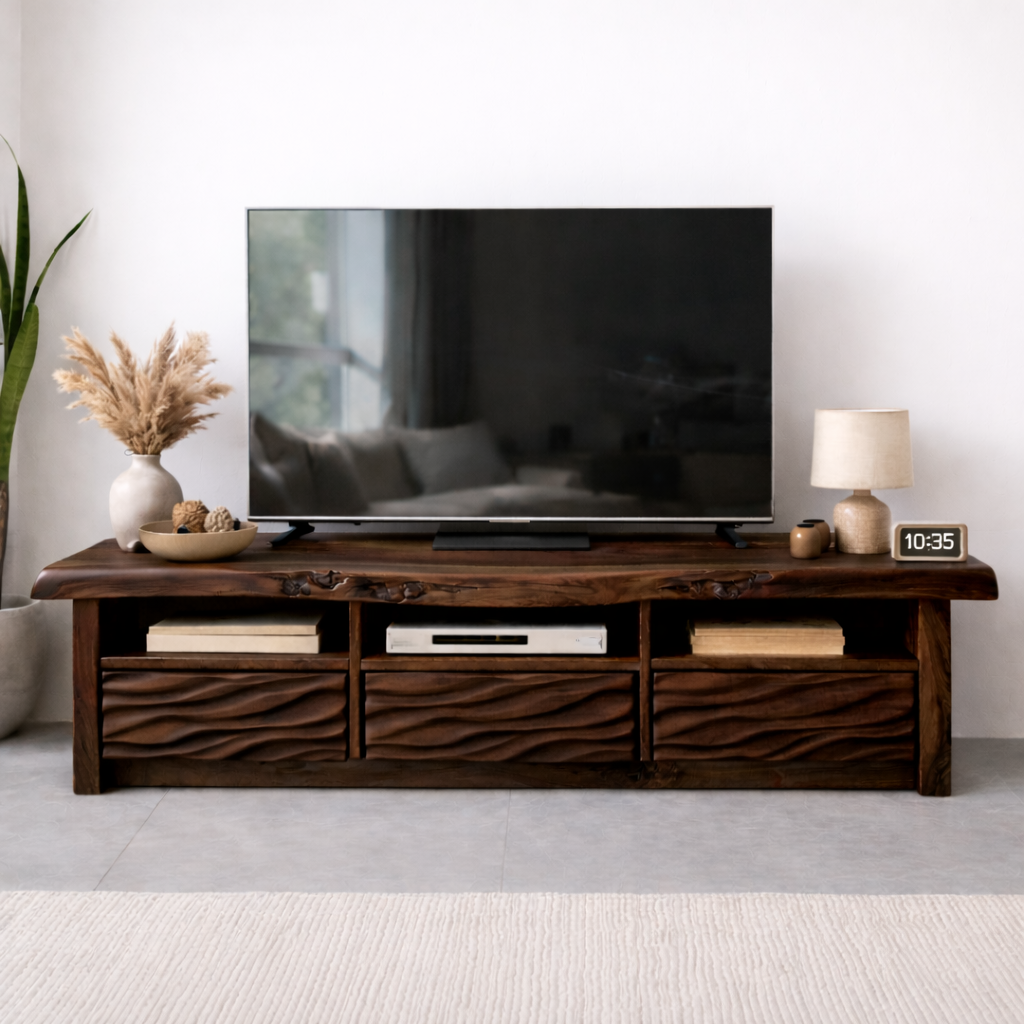 Natural Solid Oak TV Stand with Wavy Drawer Fronts, Rustic Media Console for Living Room