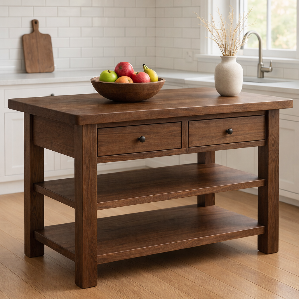 Solid Walnut Kitchen Island Table with Drawers and Shelves, Wooden Kitchen Prep Station
