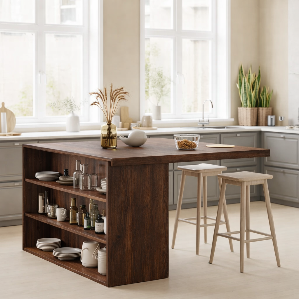 Modern Solid Wood Kitchen Island with Open Storage Shelves, Walnut Kitchen Bar Table
