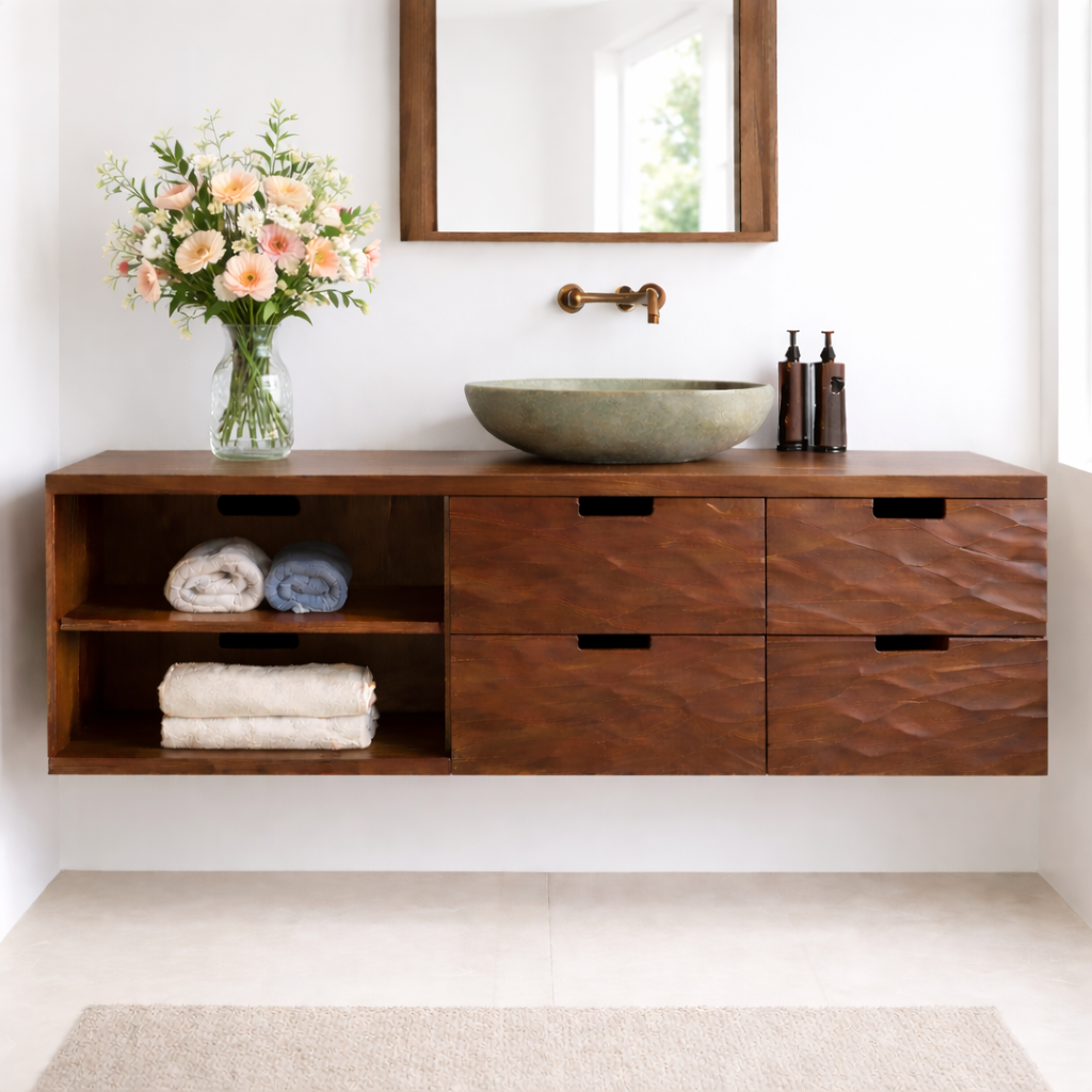 Floating Solid Wood Bathroom Vanity with Textured Drawer Fronts and Open Shelf – Modern Rustic Wall Mounted Vanity