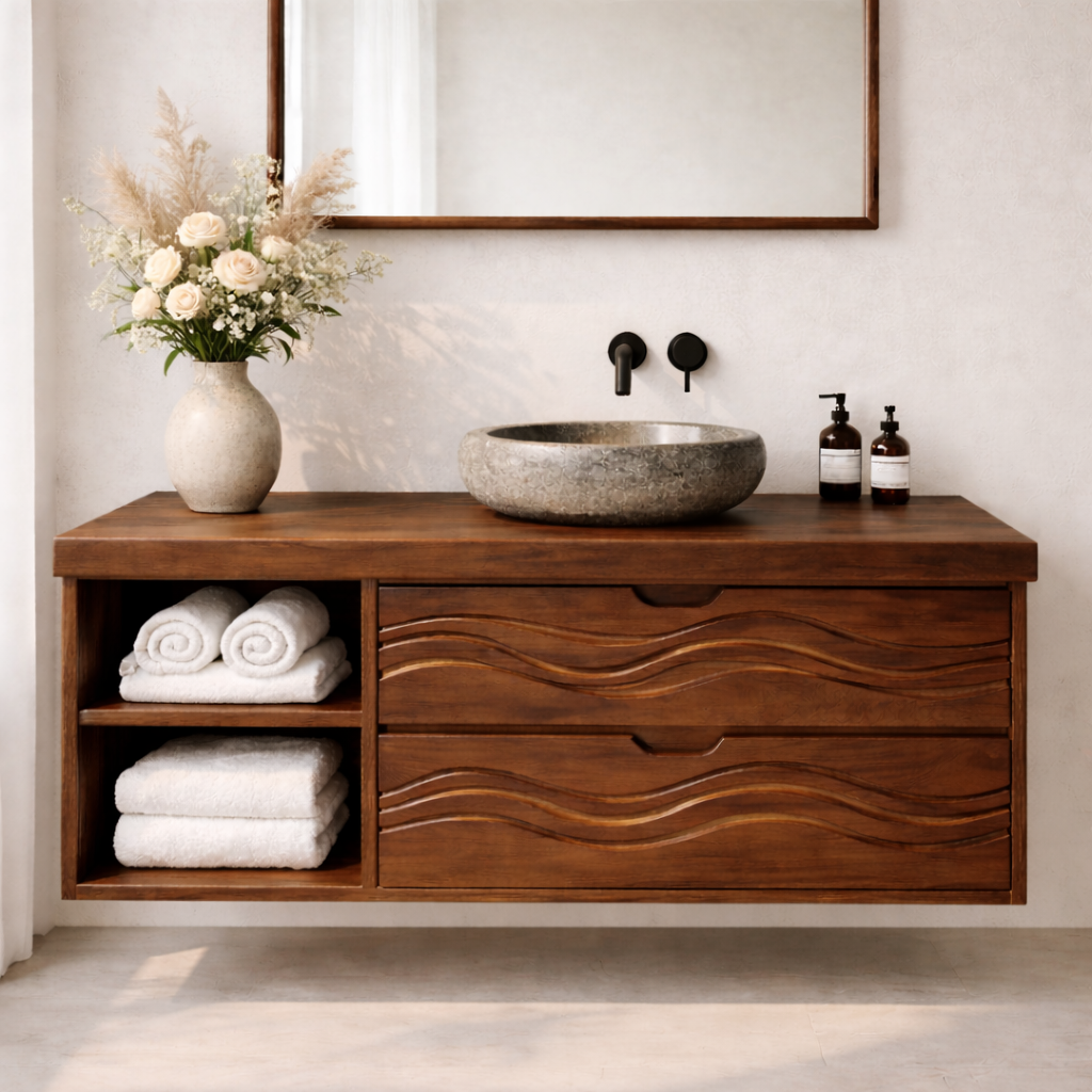 Floating Solid Wood Bathroom Vanity with Wave Drawer Front, Wall Mounted Wood Vanity with Open Shelf