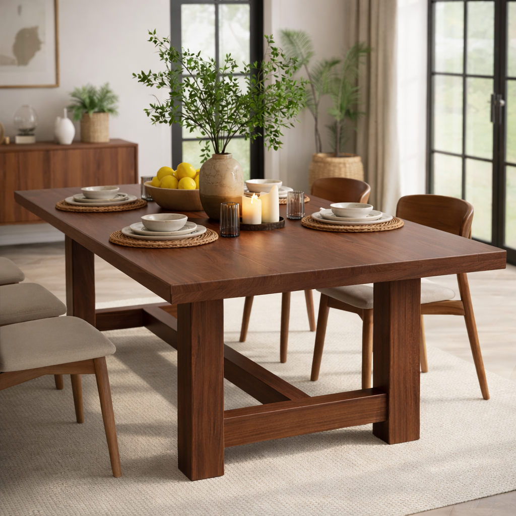 Solid Wood Rectangular Dining Table Modern Trestle Base