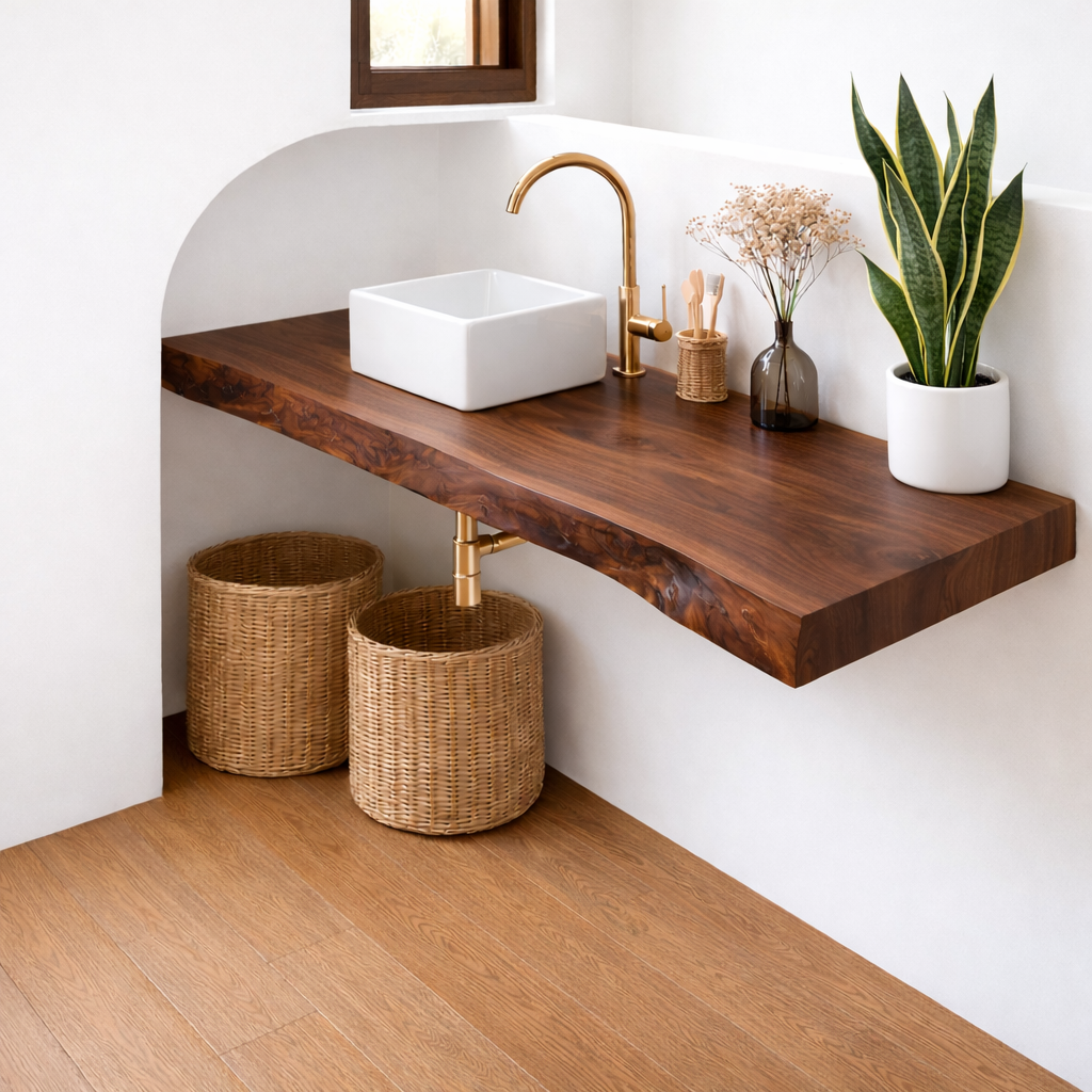 Floating Solid Wood Bathroom Vanity with Live Edge Top and Vessel Sink – Wall Mounted Vanity