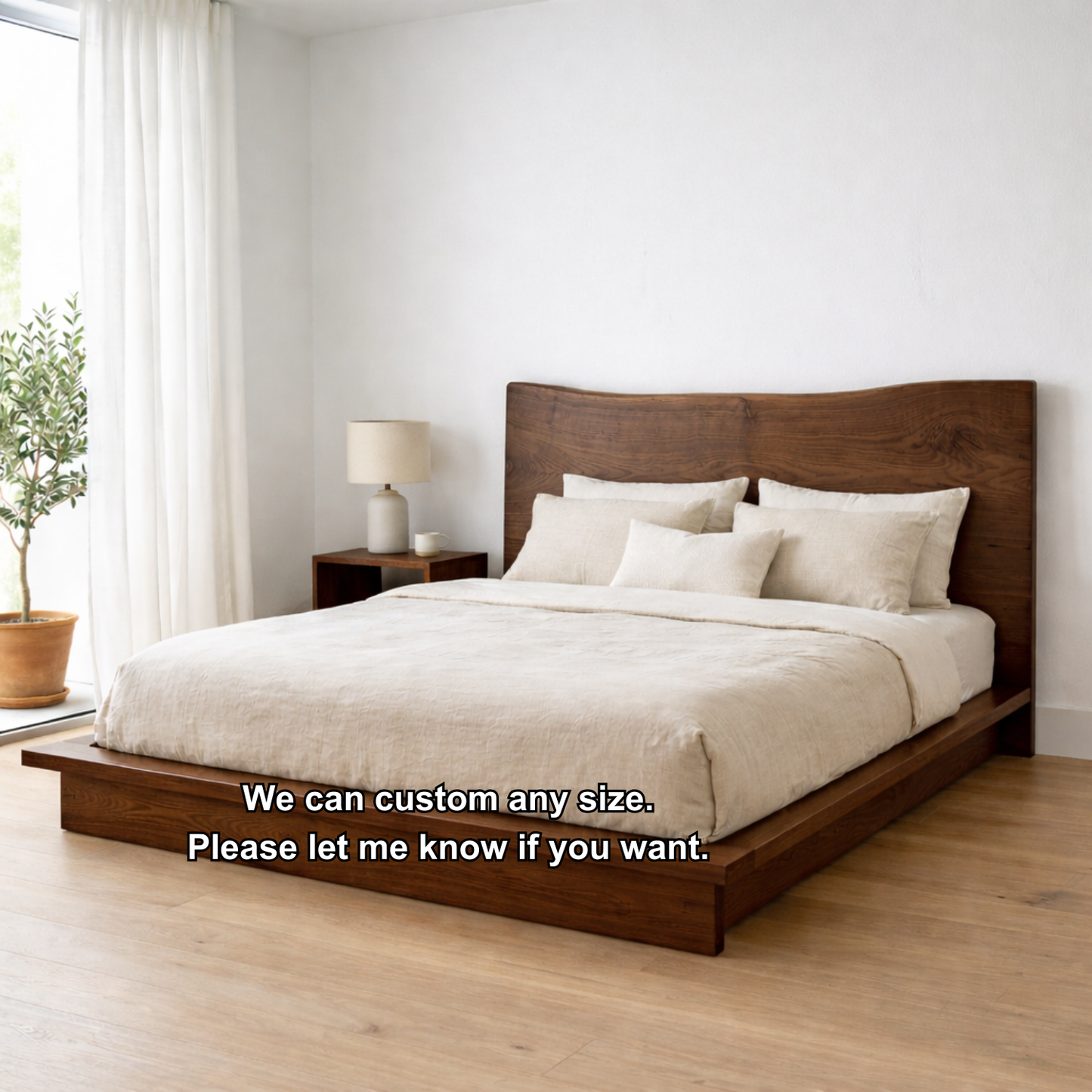 Solid Wood Platform Bed Frame with Curved Headboard – Low Profile Design