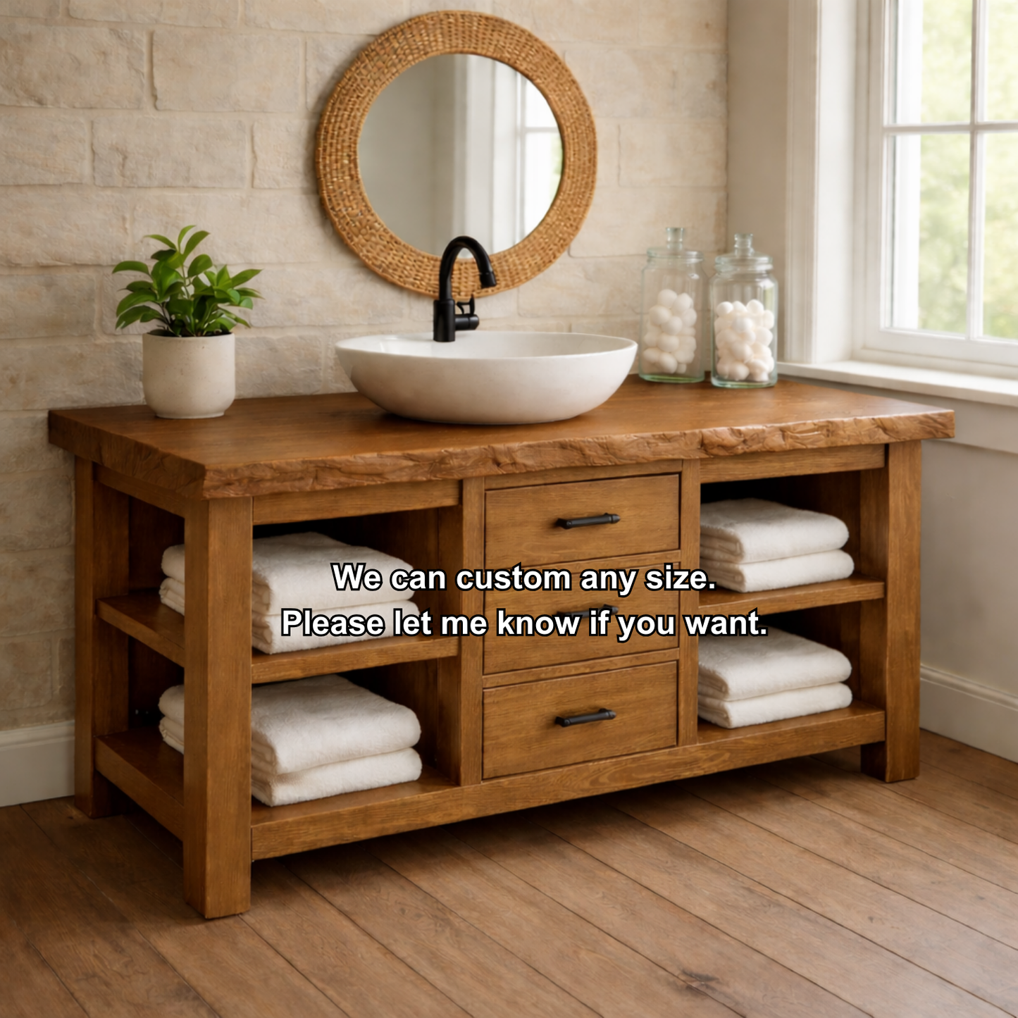 Live Edge Solid Wood Bathroom Vanity with 3 Drawers & Open Shelves