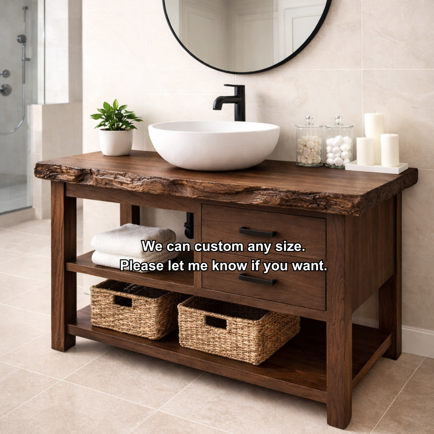 Live Edge Solid Wood Bathroom Vanity with 2 Drawers & Open Shelf