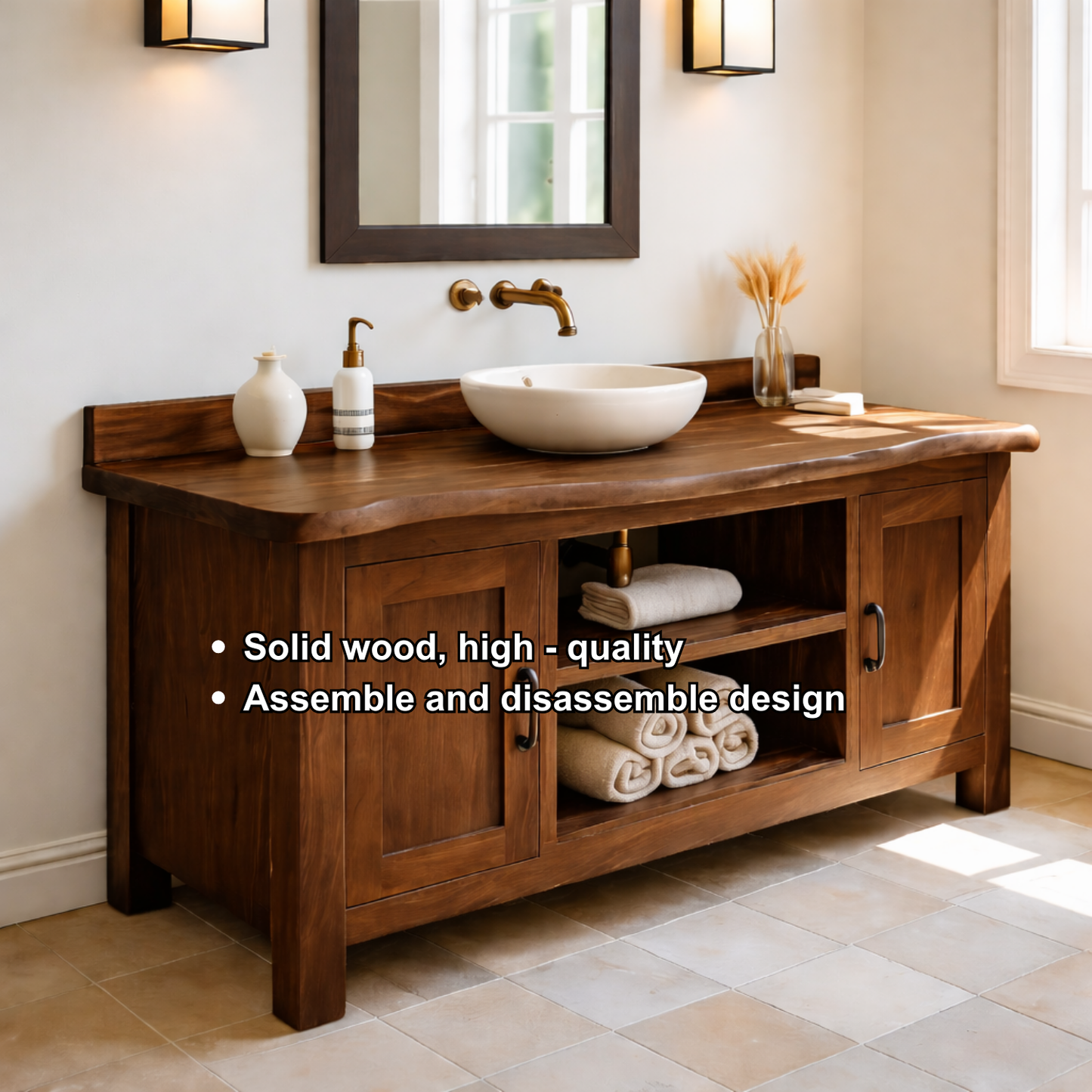 Solid Wood Bathroom Vanity with Cabinet Doors & Open Shelf Storage
