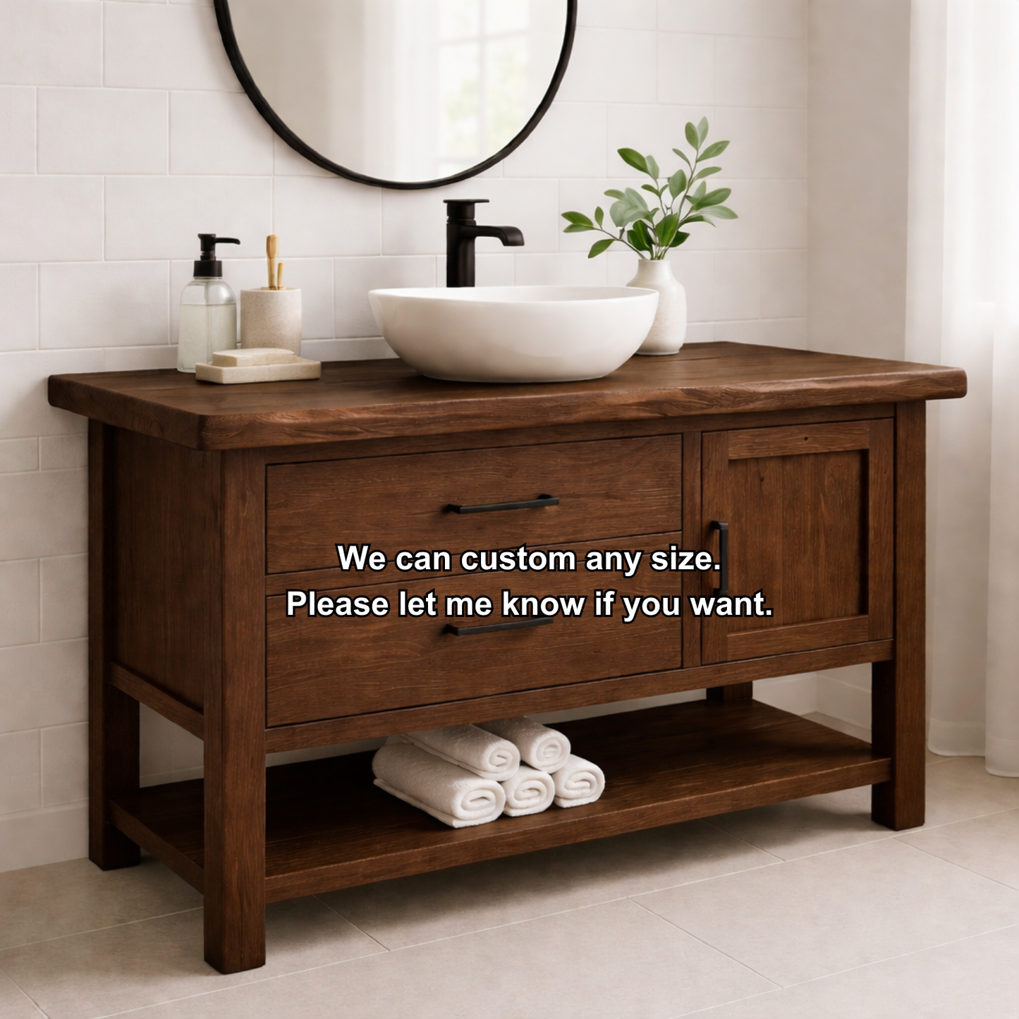 Solid Wood Bathroom Vanity with 2 Drawers, Cabinet Door & Open Shelf