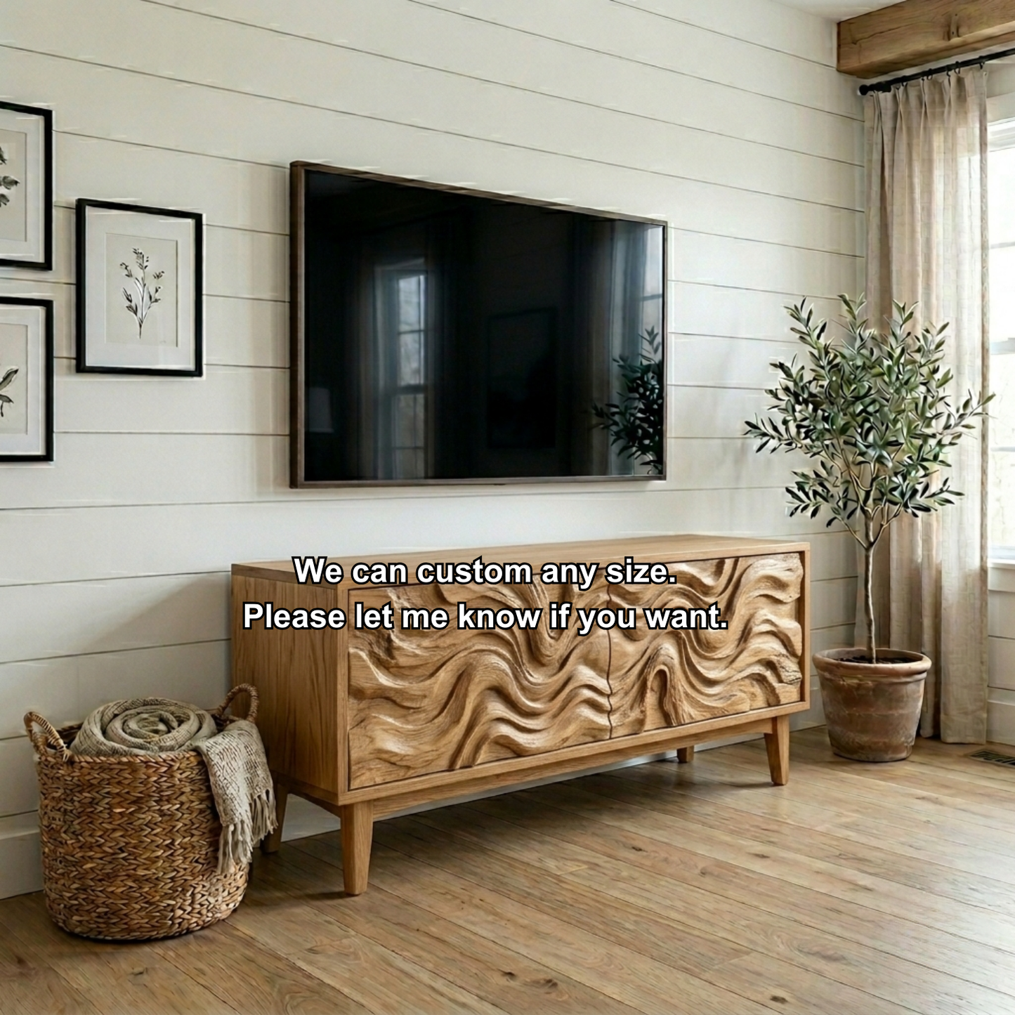 Solid Wood Rustic TV Stand with Hand-Carved Wave Doors – Modern Media Console