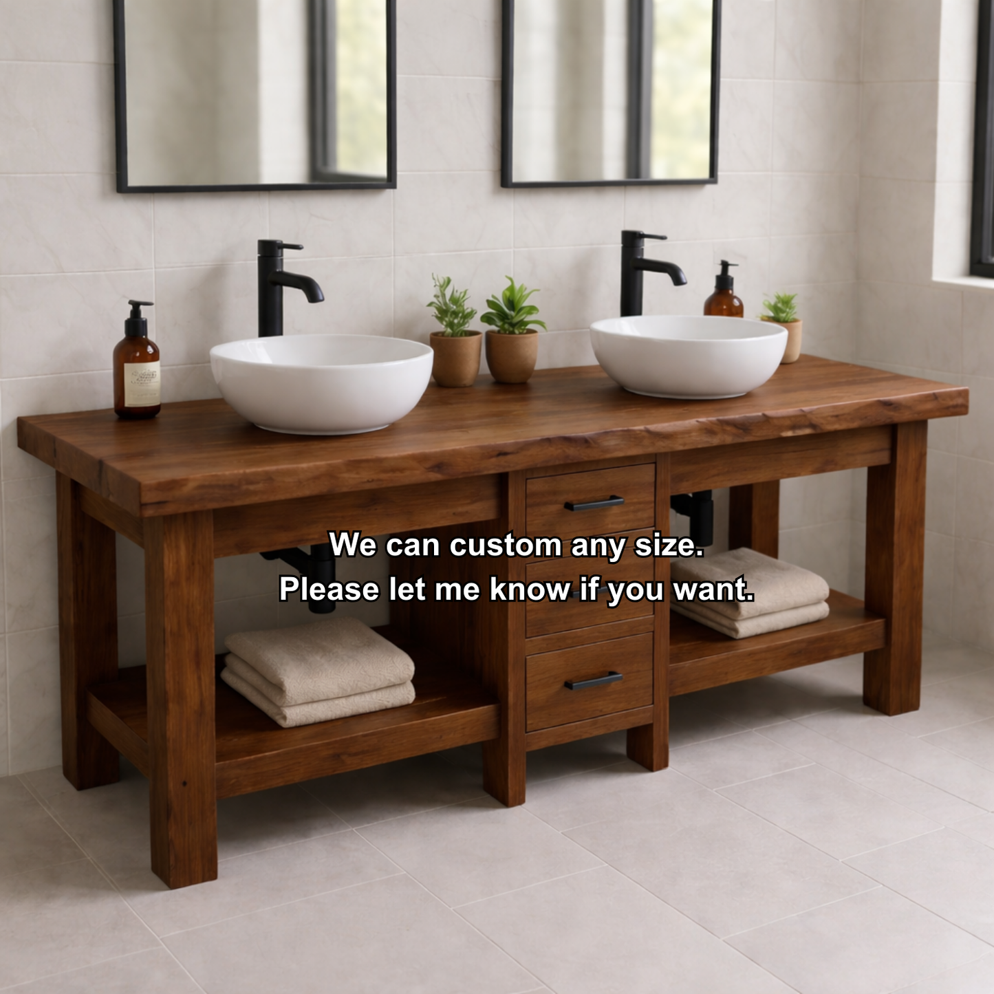 Solid Wood Double Bathroom Vanity with 3 Drawers & Open Shelves