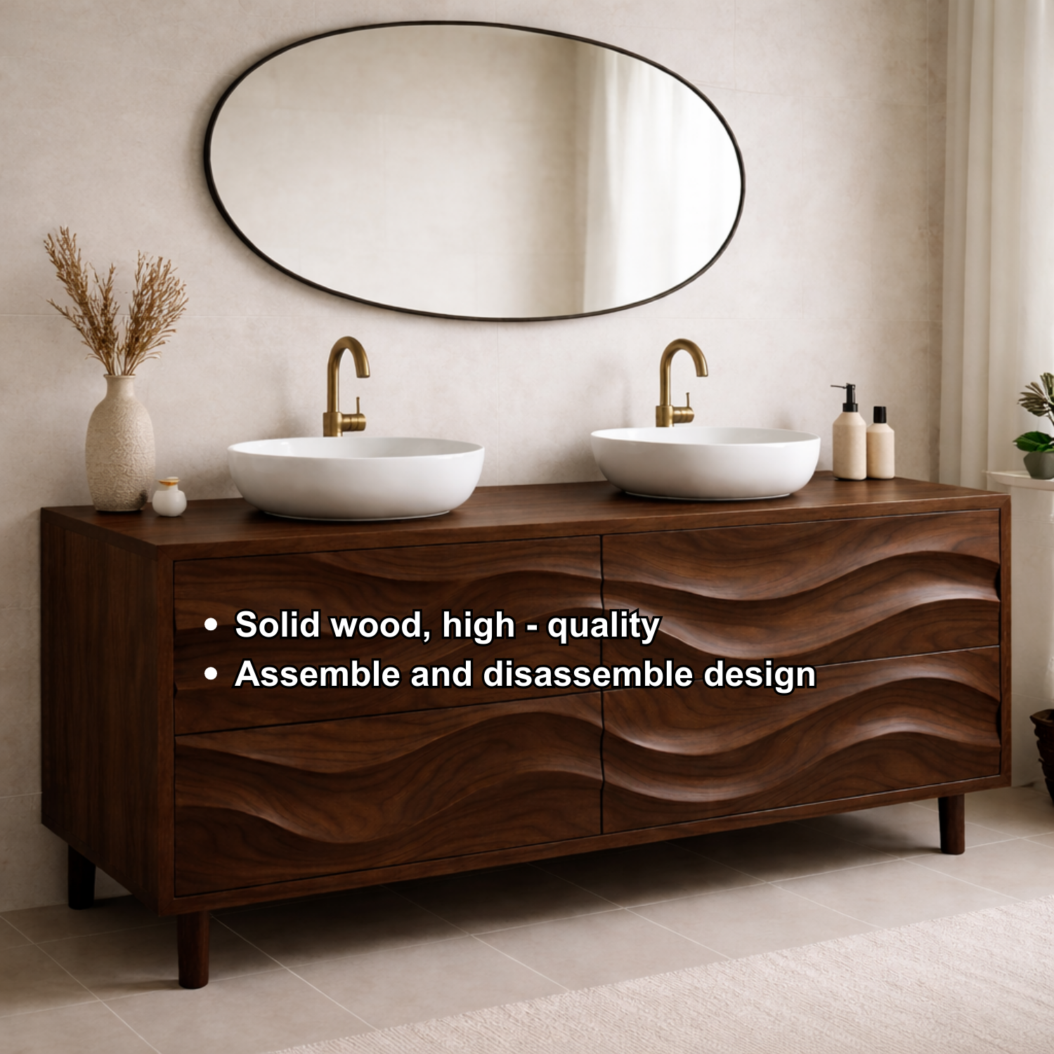 Solid Wood Double Bathroom Vanity with Wave Drawer Design