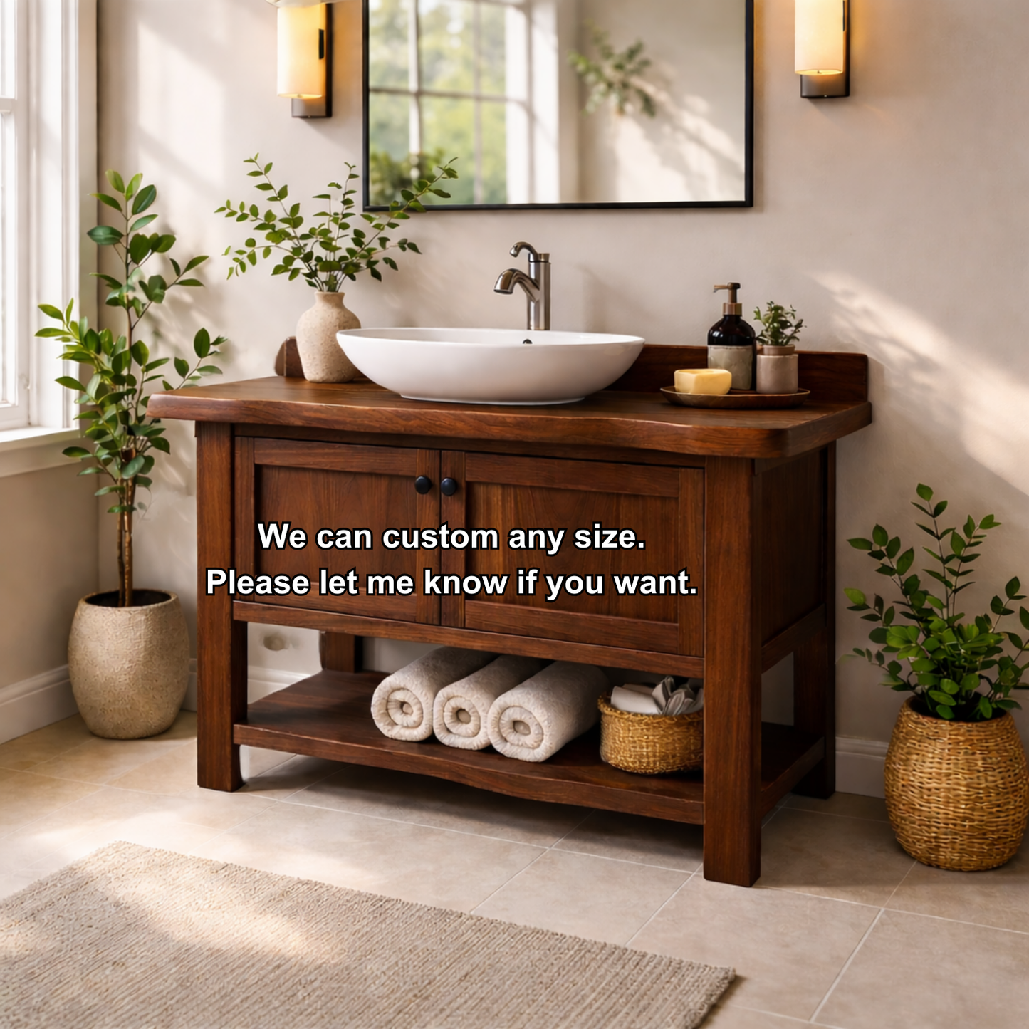 Solid Wood Bathroom Vanity with Double Doors & Open Shelf Storage