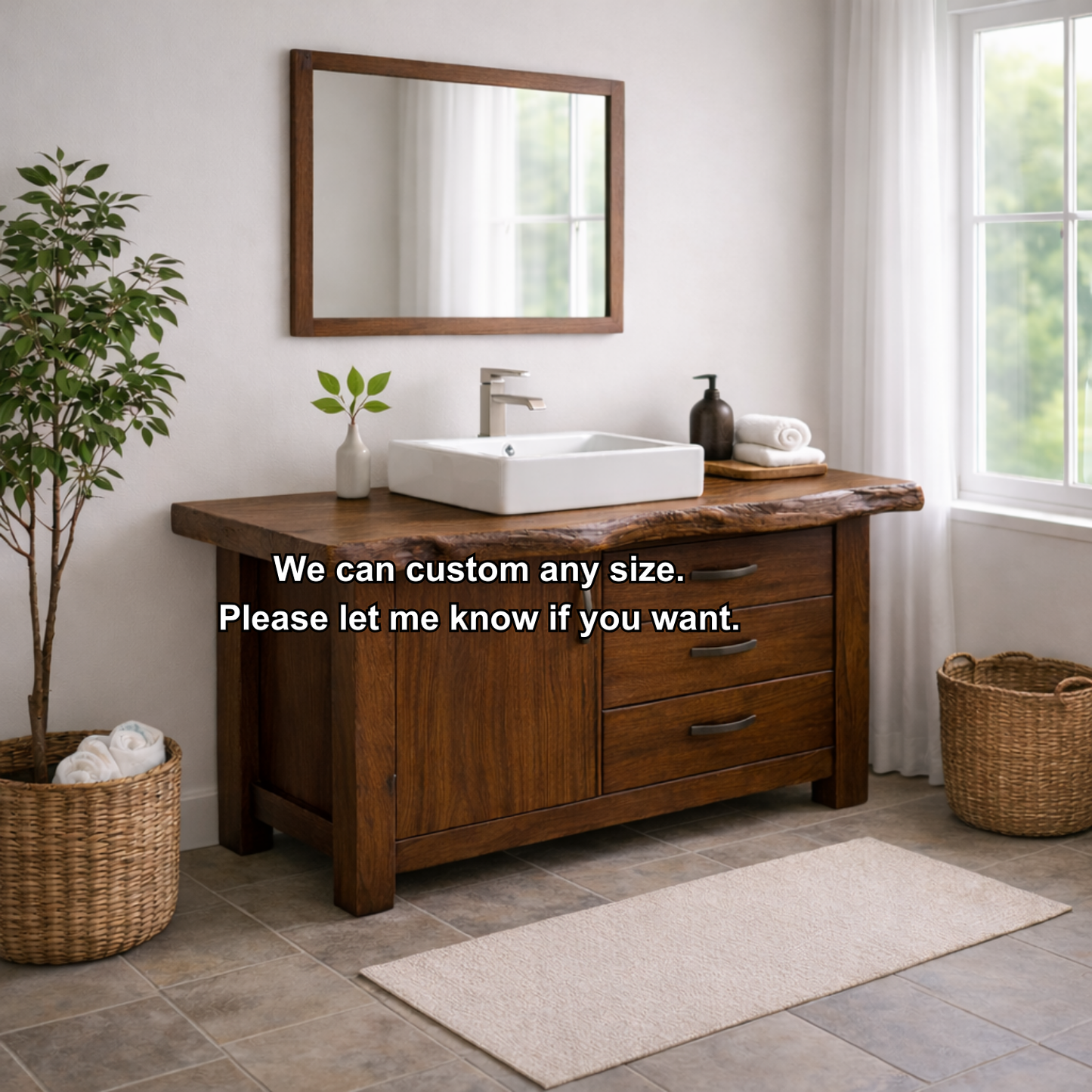Live Edge Solid Wood Bathroom Vanity with Cabinet & 3 Drawers