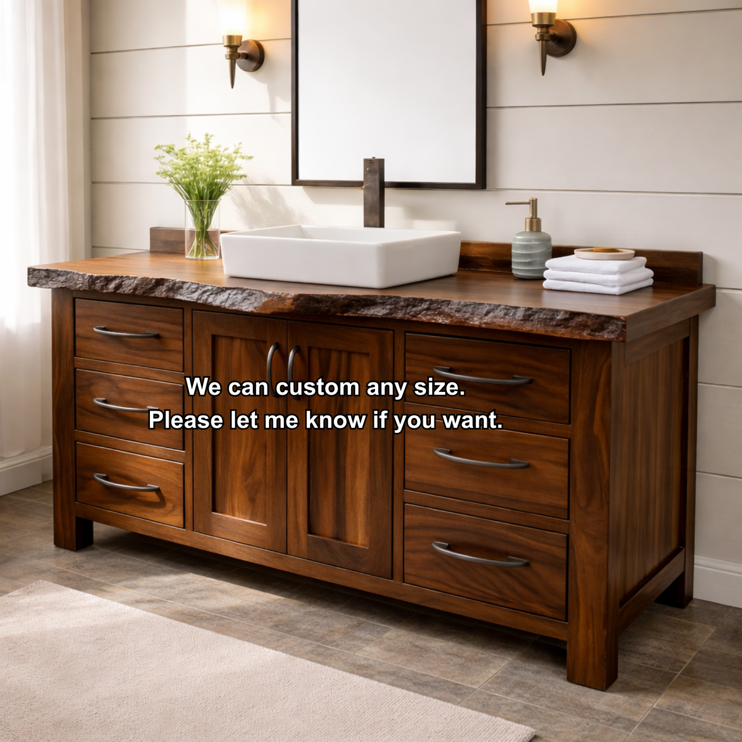 Live Edge Solid Wood Bathroom Vanity with 6 Drawers & Double Doors