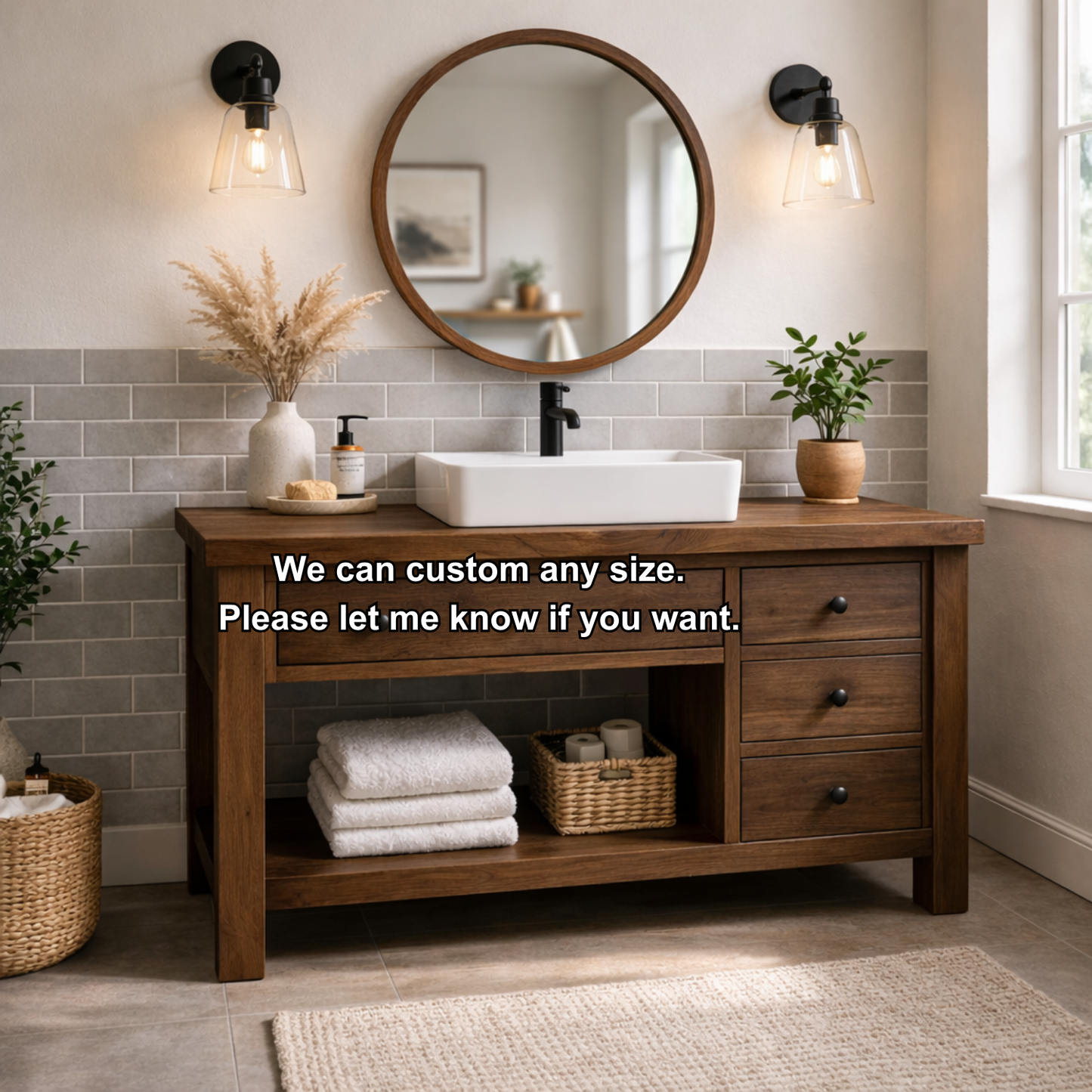Solid Wood Bathroom Vanity with Drawers & Open Shelf Storage