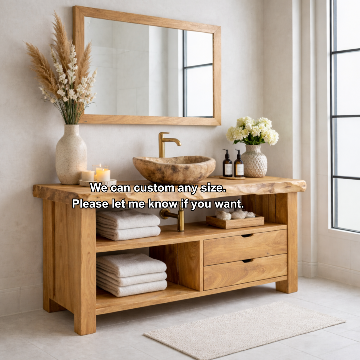 Solid Wood Bathroom Vanity with Live Edge Top & 2 Drawers