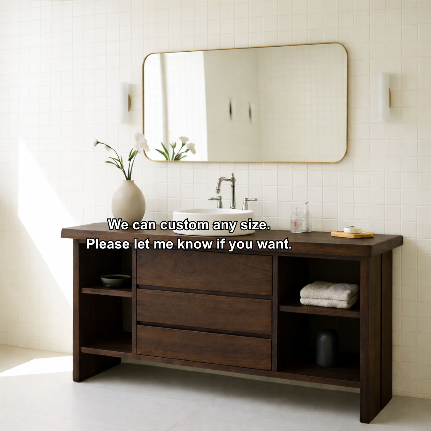 Solid Wood Bathroom Vanity with 3 Drawers & Open Shelf Storage