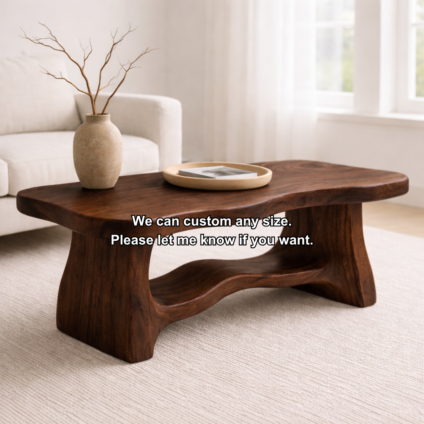 Solid Wood Coffee Table with Organic Curved Base – Rustic Modern Living Room Table