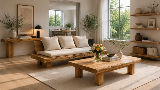 Warm wood living room with cozy organic modern walnut furniture and soft natural sunlight.