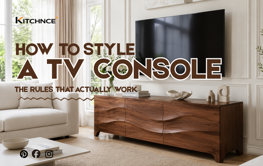How to style a TV console walnut media console living room minimal warm tones plant ceramic vase 2026