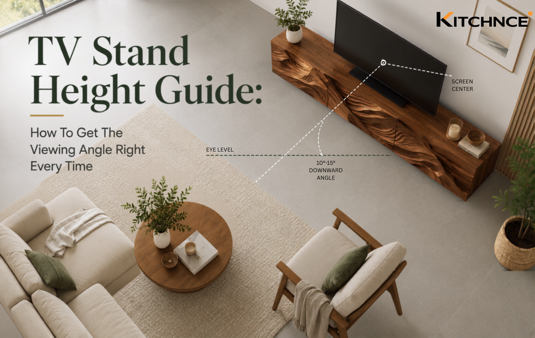  TV stand height guide correct eye level seated viewing angle walnut media console living room 2026