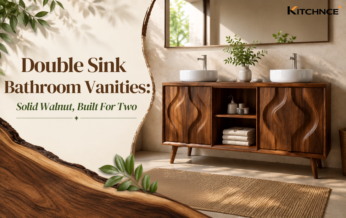 Double sink bathroom vanity solid walnut two basins white tile brushed brass hardware warm natural light 2026