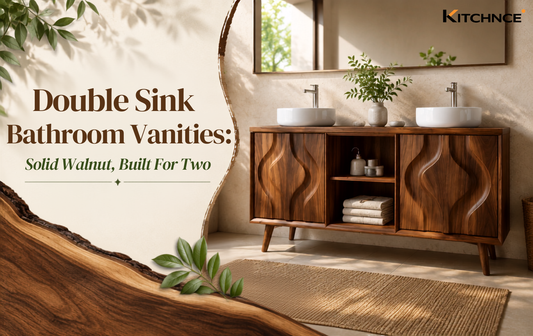 Double sink bathroom vanity solid walnut two basins white tile brushed brass hardware warm natural light 2026
