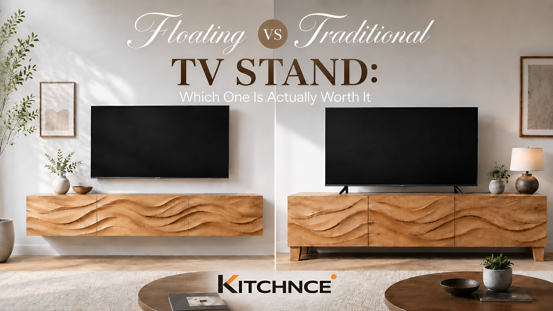 Floating walnut TV stand wall mounted clean floor visible living room modern minimal 2026