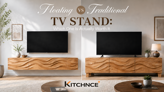 Floating walnut TV stand wall mounted clean floor visible living room modern minimal 2026