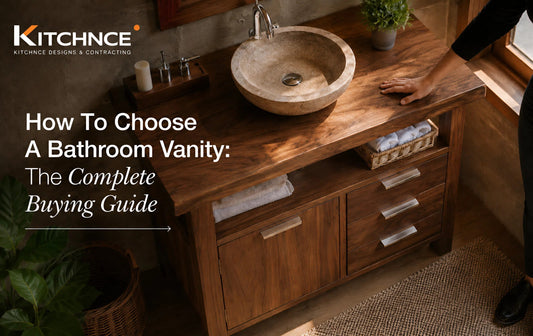 Solid walnut bathroom vanity warm white bathroom brushed brass hardware natural light 2026
