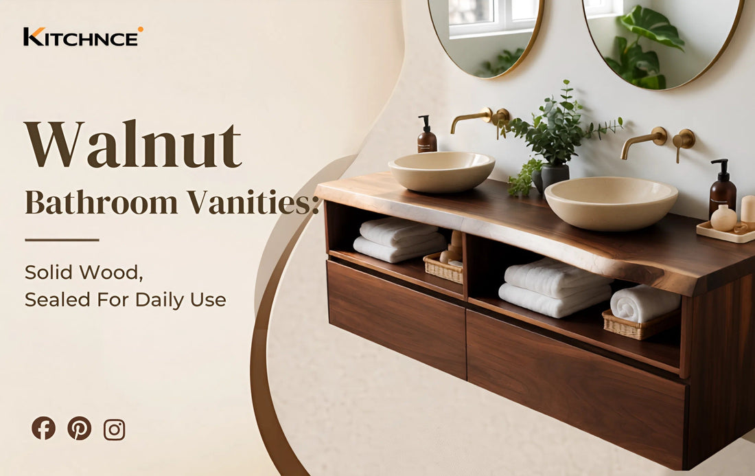 Walnut bathroom vanities collection warm chocolate brown grain white tile brushed brass hardware natural light 2026