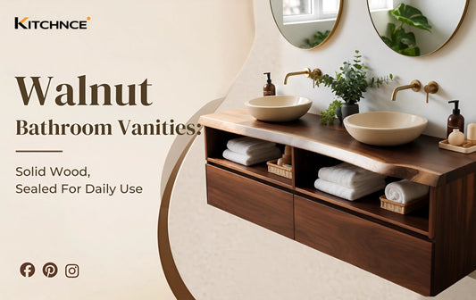 Walnut bathroom vanities collection warm chocolate brown grain white tile brushed brass hardware natural light 2026