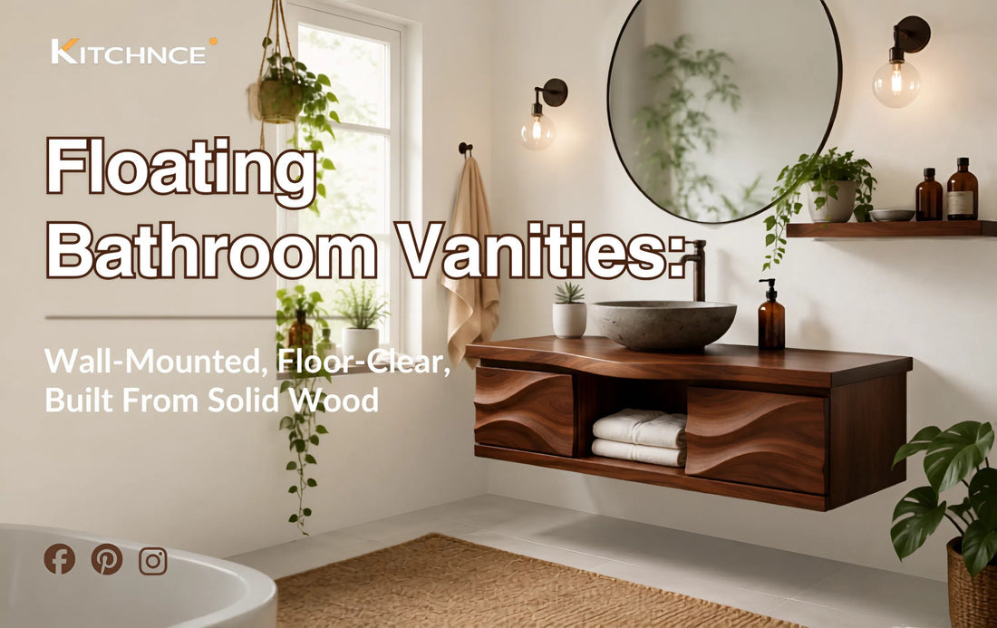 Floating bathroom vanity walnut wall mounted open floor white bathroom natural light warm tones 2026