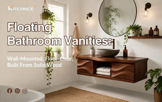 Floating bathroom vanity walnut wall mounted open floor white bathroom natural light warm tones 2026