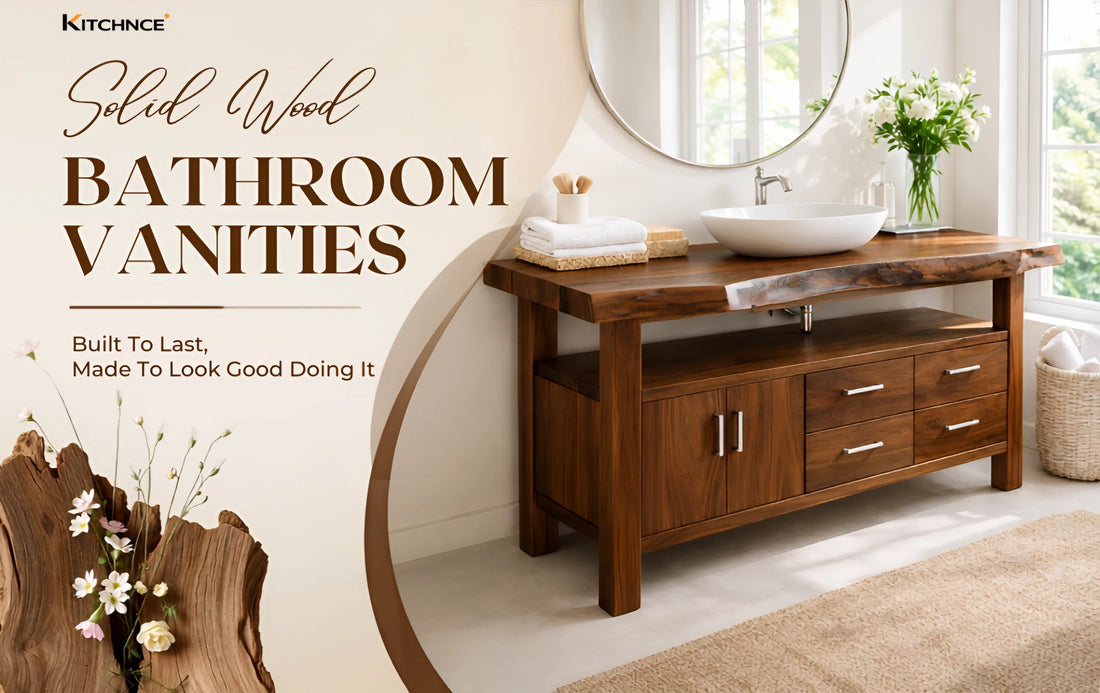 Solid wood bathroom vanities collection walnut natural grain warm bathroom natural light 2026